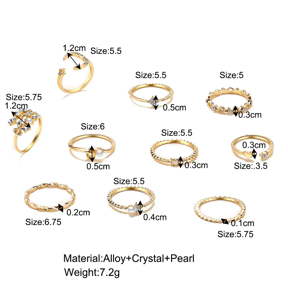 Boho Gold Color Heart Rings Set For Women Cubic Zirconia Star Moon Arrow Flower Finger Rings Female Trendy Jewelry Gift