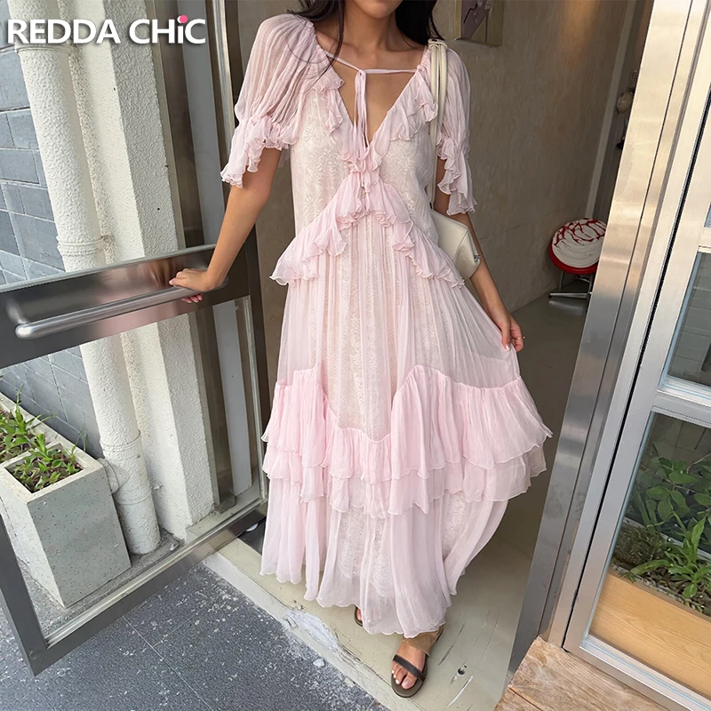REDDACHiC Romantic Ruffled V-neck Women Dress Going Out Chiffon Pink Loose Fit Ruffled Flowy Long Dress Fairy Summer Clothes