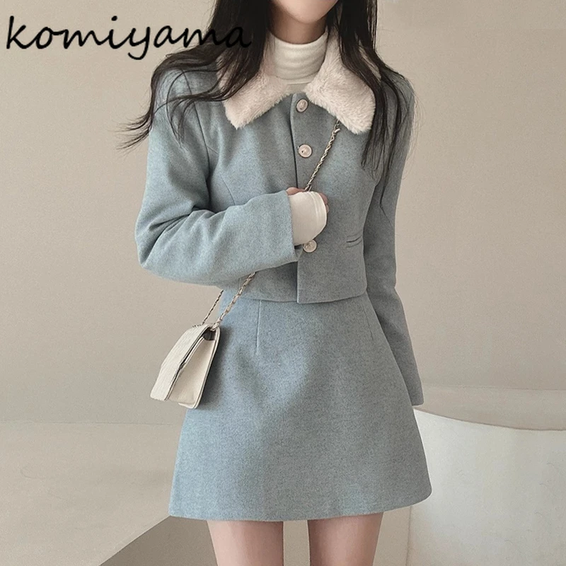 Korean Chic Women 2024 Sets Laple Neck Single Breasted Jackets + High Waist A-line Skirt Autumn Winter New Gentle Suit