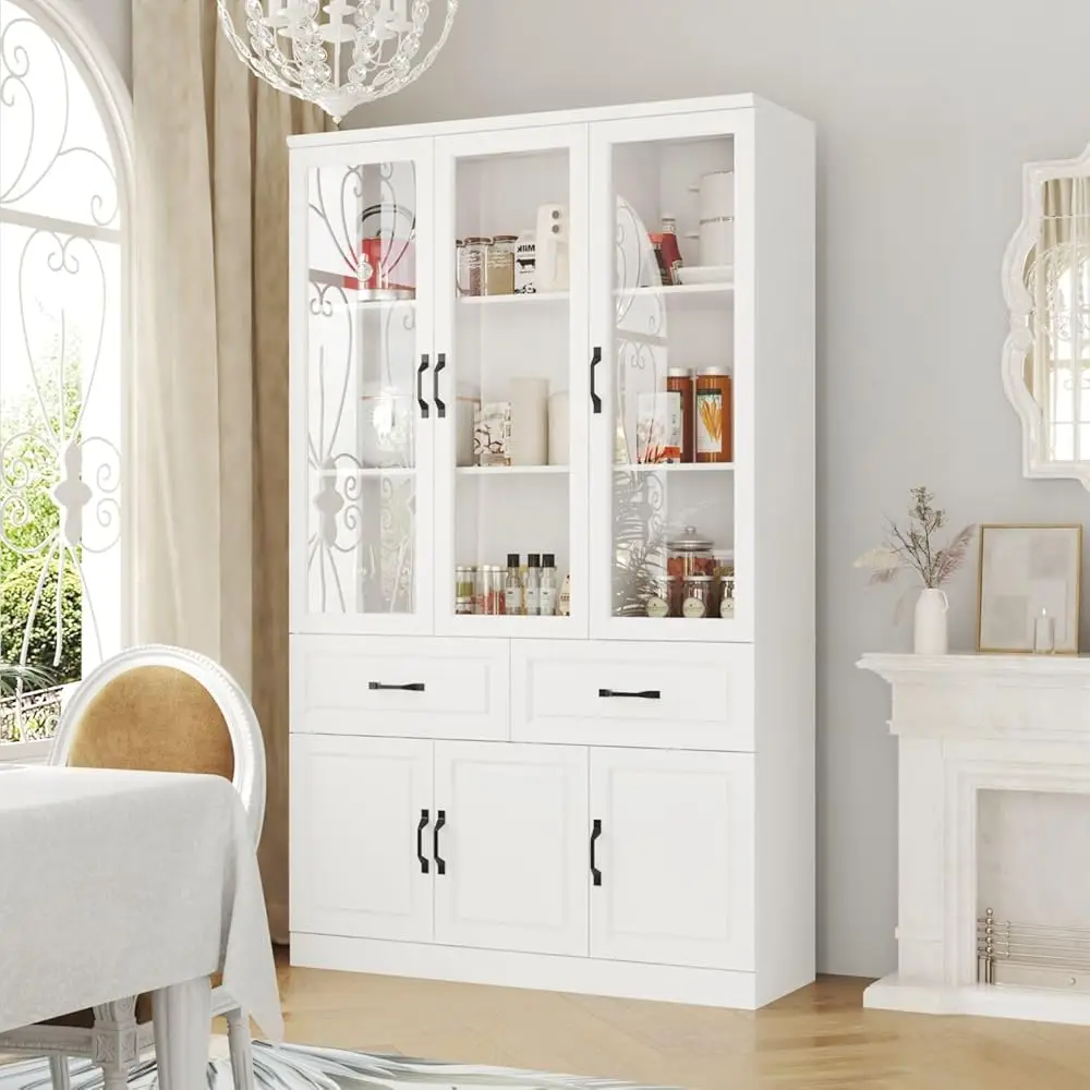 

Pantry Cabinet Kitchen Storage Cabinet With 3 Glass Doors, Kitchen Pantry With Shelves & 2 Drawers, White (47.2”W X 15.7”D X