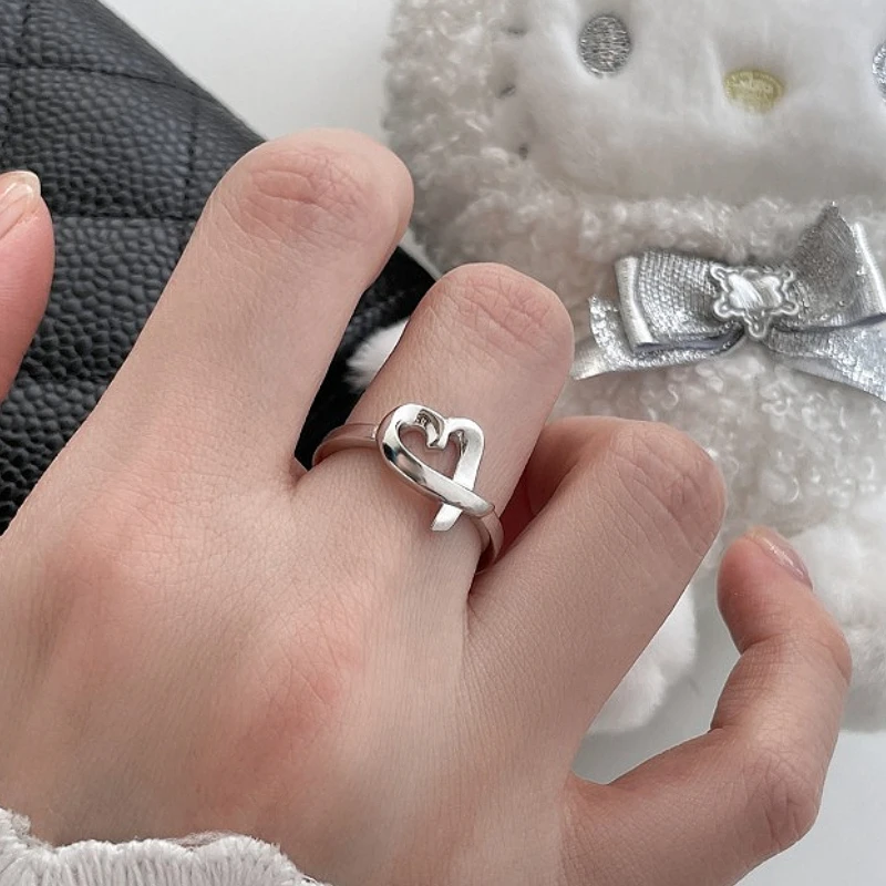 

925 Sterling Silver Irregular Geometric Lines Love Hearts Adjustable Opening Ring for Women Fine Jewelry Minimalist Accessories