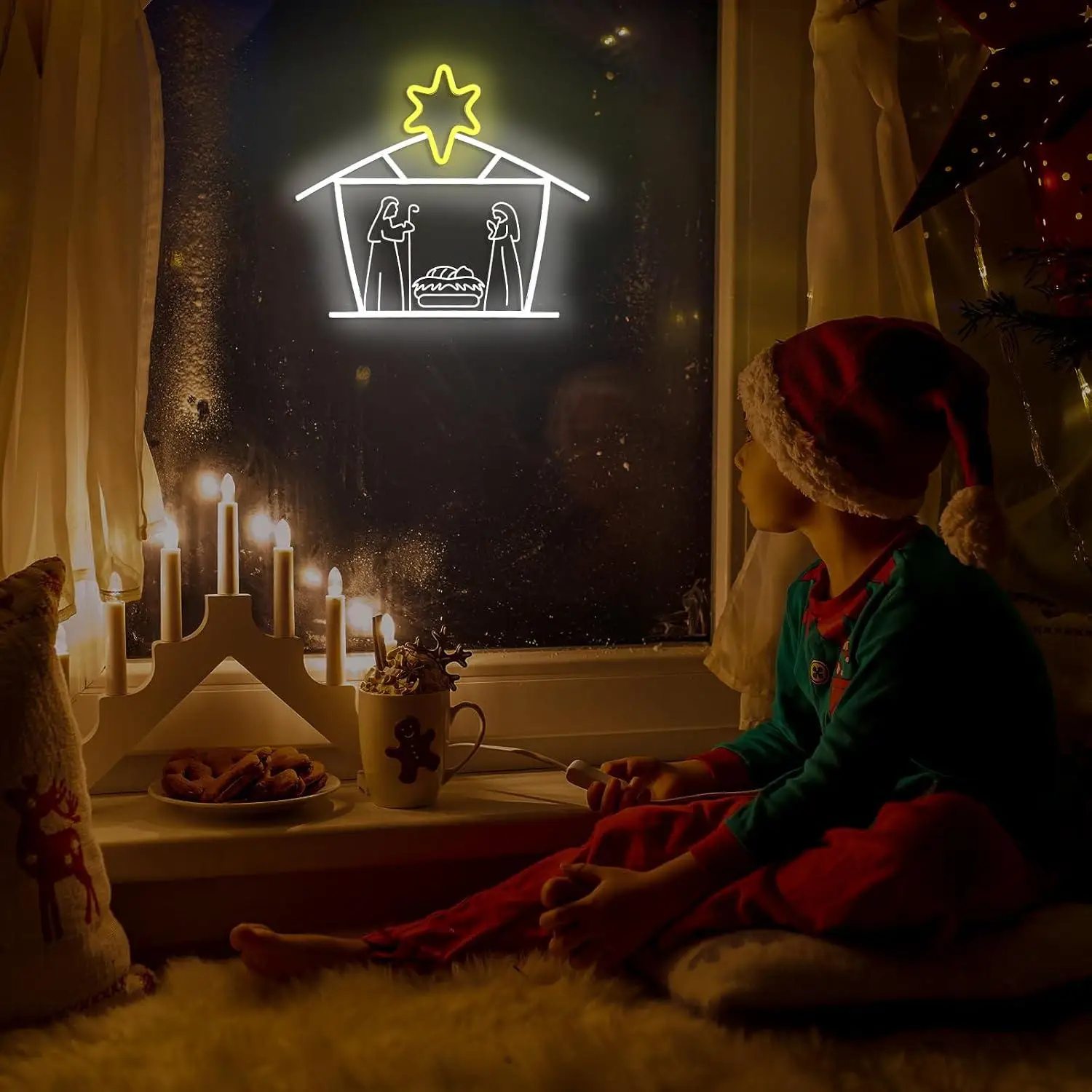 Christmas Nativity Scene Star Neon Sign USB Dimmable LED Lights For Xmas Holiday Home Table Wall Indoor Decor Gift Night Light