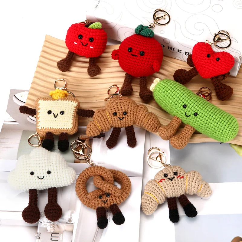 

Funny Bread Doll Series Crochet Keychain Handmaking Crochet Hamburger Keyrings Creative Knitted Doll Gifts Knitting Keyrings