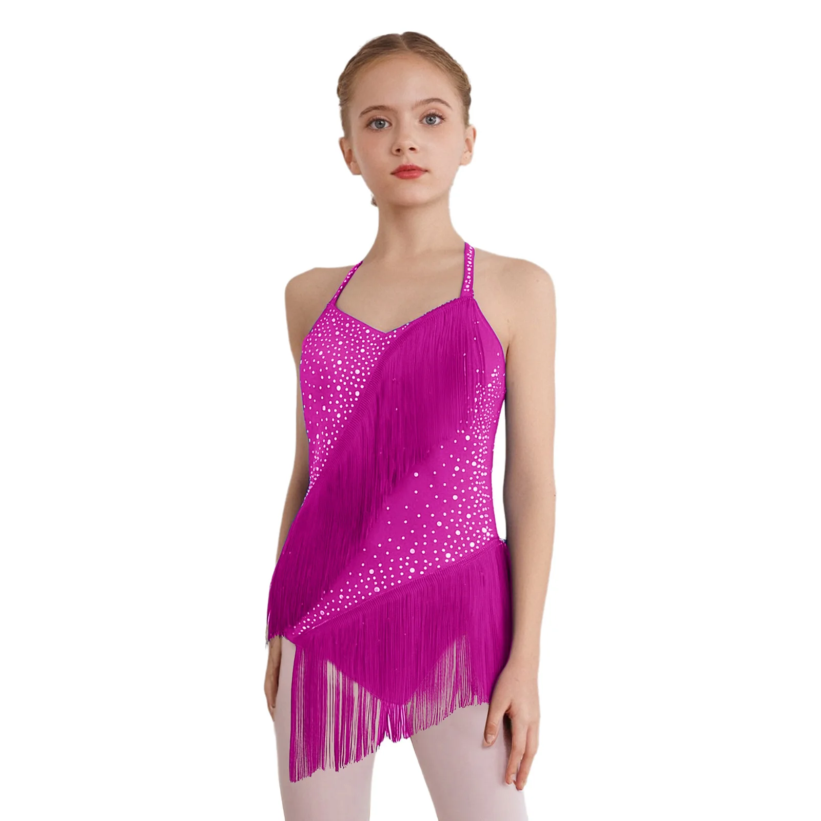 女の子タッセルラテンダンスレオタードノースリーブホルターバックレスラインストーンバレエ体操フィギュアスケートチャチャサルサダンスウェア