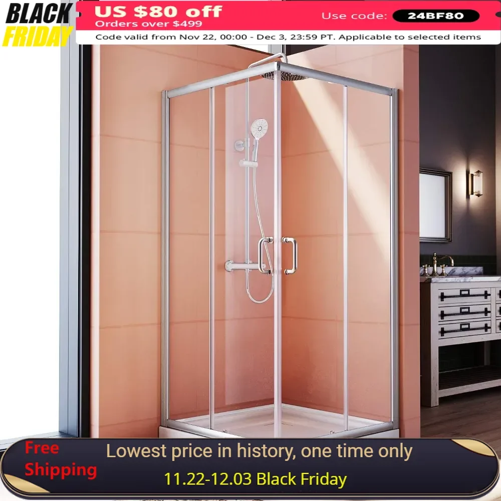 

Corner Shower Enclosure 34'' D. X 34'' W. X 72'' H., with 2 Stationary Panels, Shower with 1/4'' Clear Glass, Shower Door