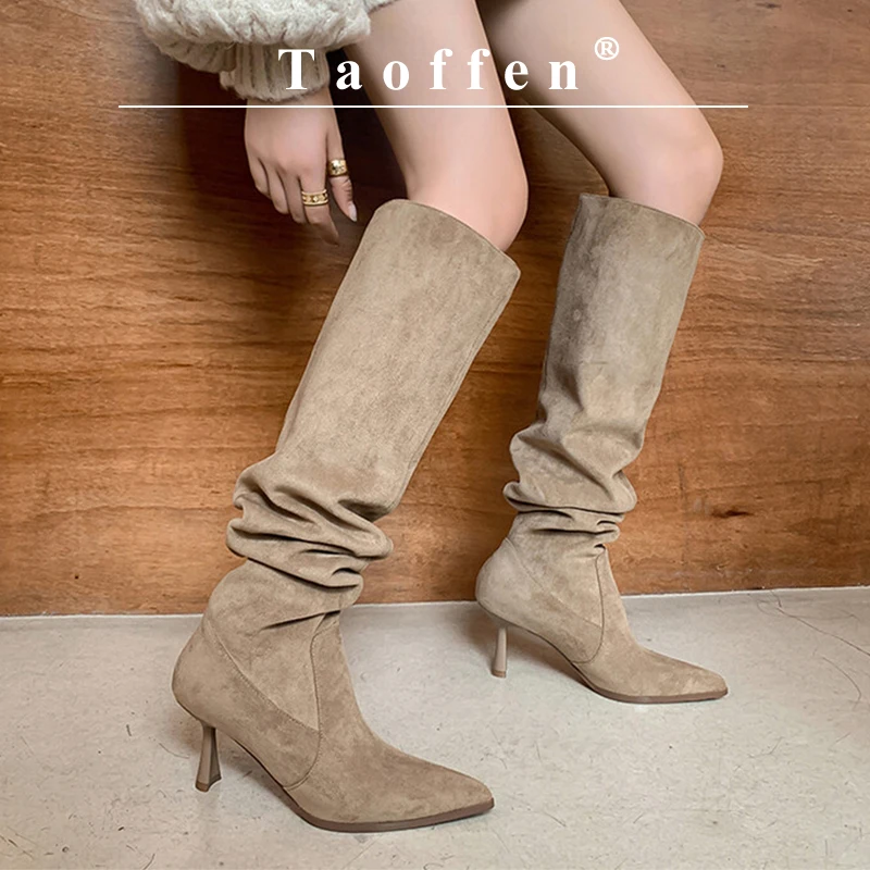 

Taoffen Women Knee-High Boots Pointed Toe Thin High Heels Ladies Dress Shoes Fashion Suede Female Sexy Shoes Winter Long Boots