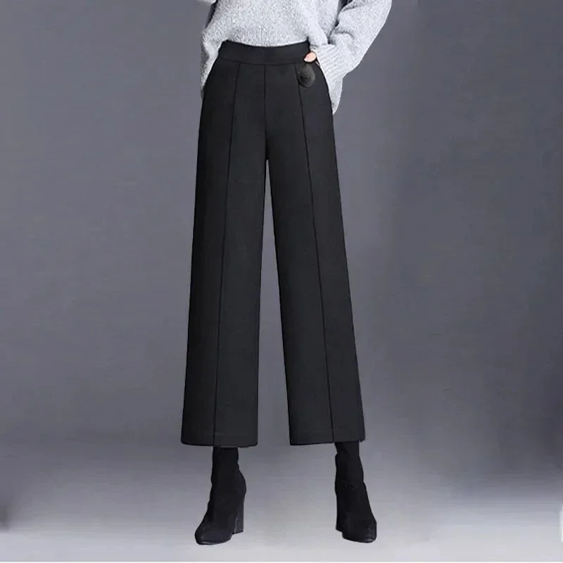 Oversize 4Xl Formal Pinstripe Wide Leg Trousers High Waist Ankle Length Work Pantalones Autumn Loose Blend Woollen Pants Women