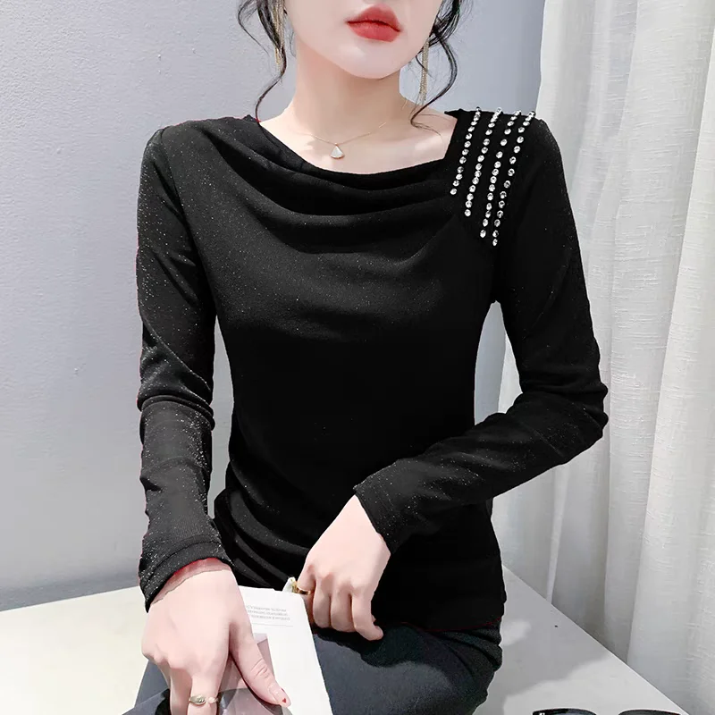 New 2025 European Clothes Autumn Women T-Shirt Chic Sexy Slanted Collar Shiny Diamonds Tops Long Sleeve Elastic Mesh Slim Tees