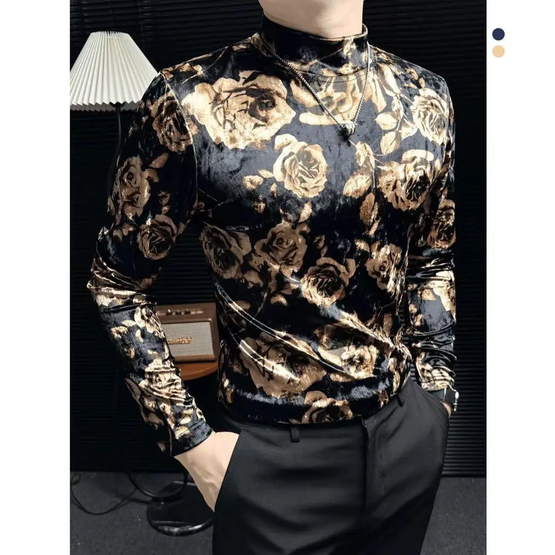 Golden Velvet Rose Printed Long Sleeve Shirt 2025 Men's Spring Autumn Semi-turtleneck Fashion Versatile Designer Dress Clothes