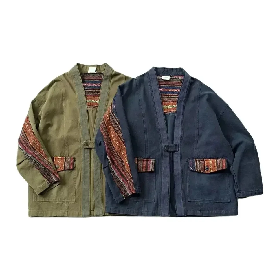 Men's Patchwork Spring Autumn Robe Cardigan Jacket Women Harajuku Streetwear Vintage Fashion Loose Casual Kimono Coat