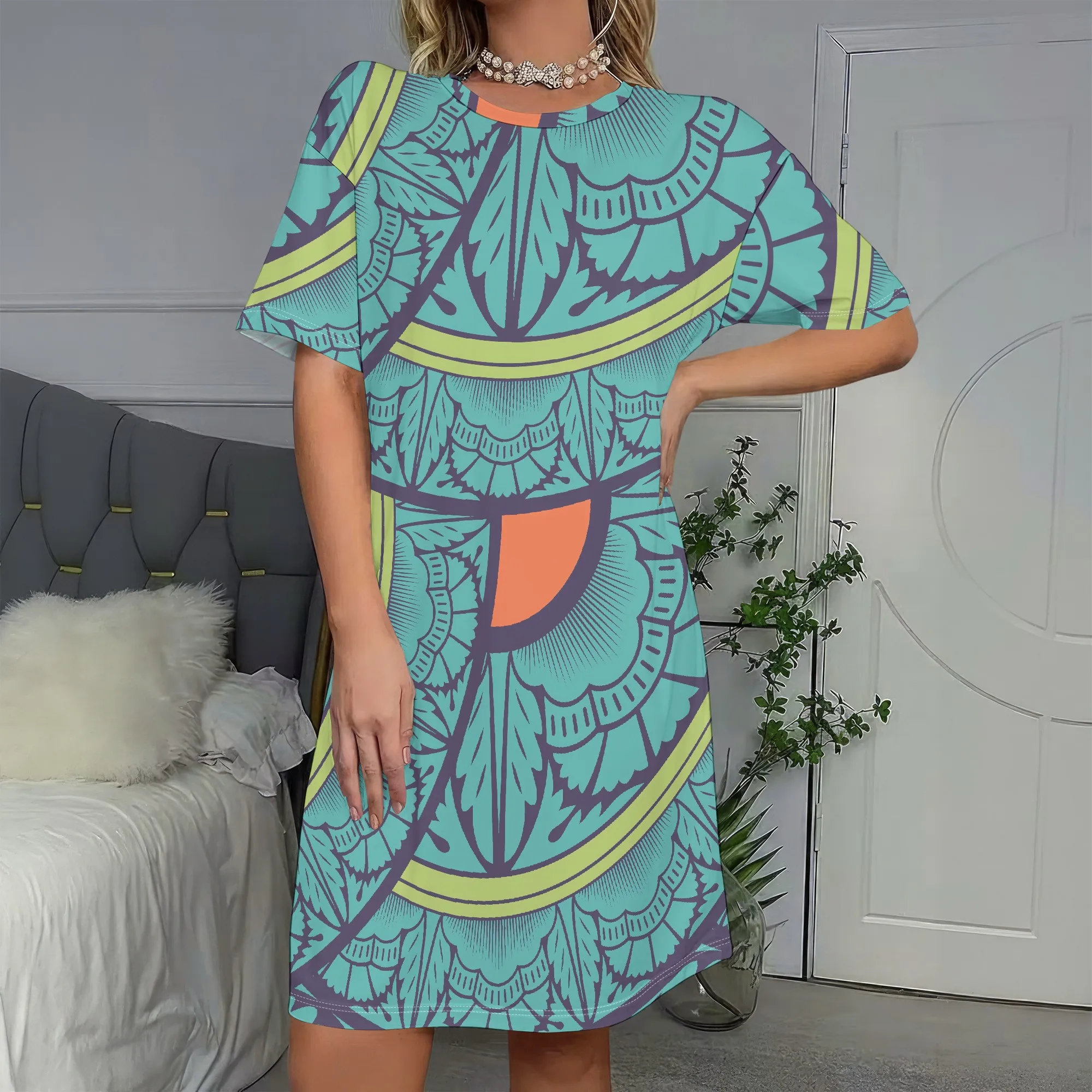 

Abstract Art Print, Boho Short Sleeve Dress, Retro Geometric Pattern, Summer Casual Tunic, Beach Vacation Wear, S-2XL