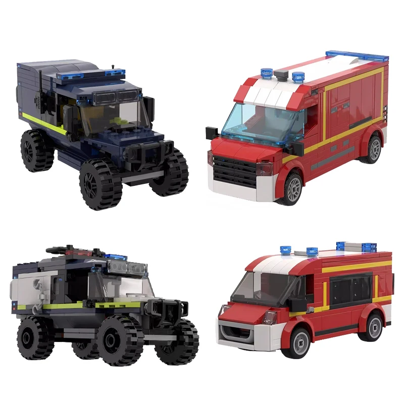 

Fit MOC City Police Car 4x4 Off-Road Ambulance Rescue Renault Master VSAV Fiated Ducato III Fire Truck Sets Building Blocks Toys