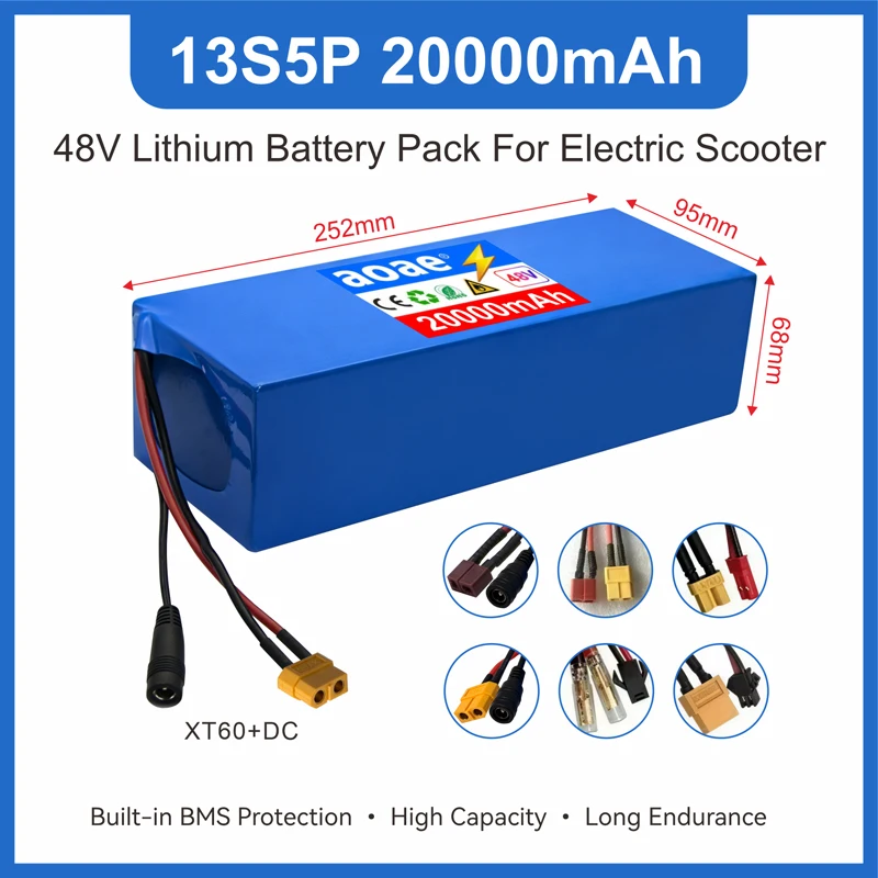 48V Lithium Battery Pack 20Ah 18650 A-Grade Cells 13S5P 1000W-2000W Built-in BMS XT60 DC JST Long Lasting for Electric Scooter