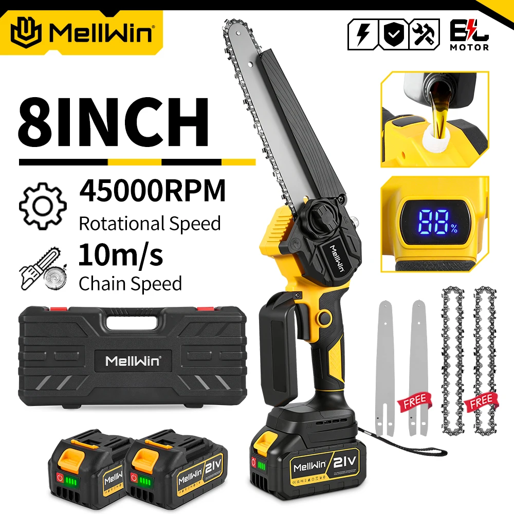 MELLWIN Bürstenlose 8-Zoll-Elektrokettensäge mit automatischer Ölschmierung, Gartensäge zum Holzschneiden, Beschneiden und Fällen, kompatibel mit Makita 18V-Akku.