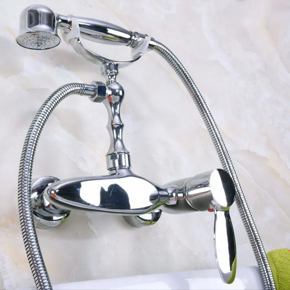 

Polished Chrome Brass Wall Mount Bathtub Faucet with Handheld Shower Set +1500MM Hose Mixer Tap 2na179