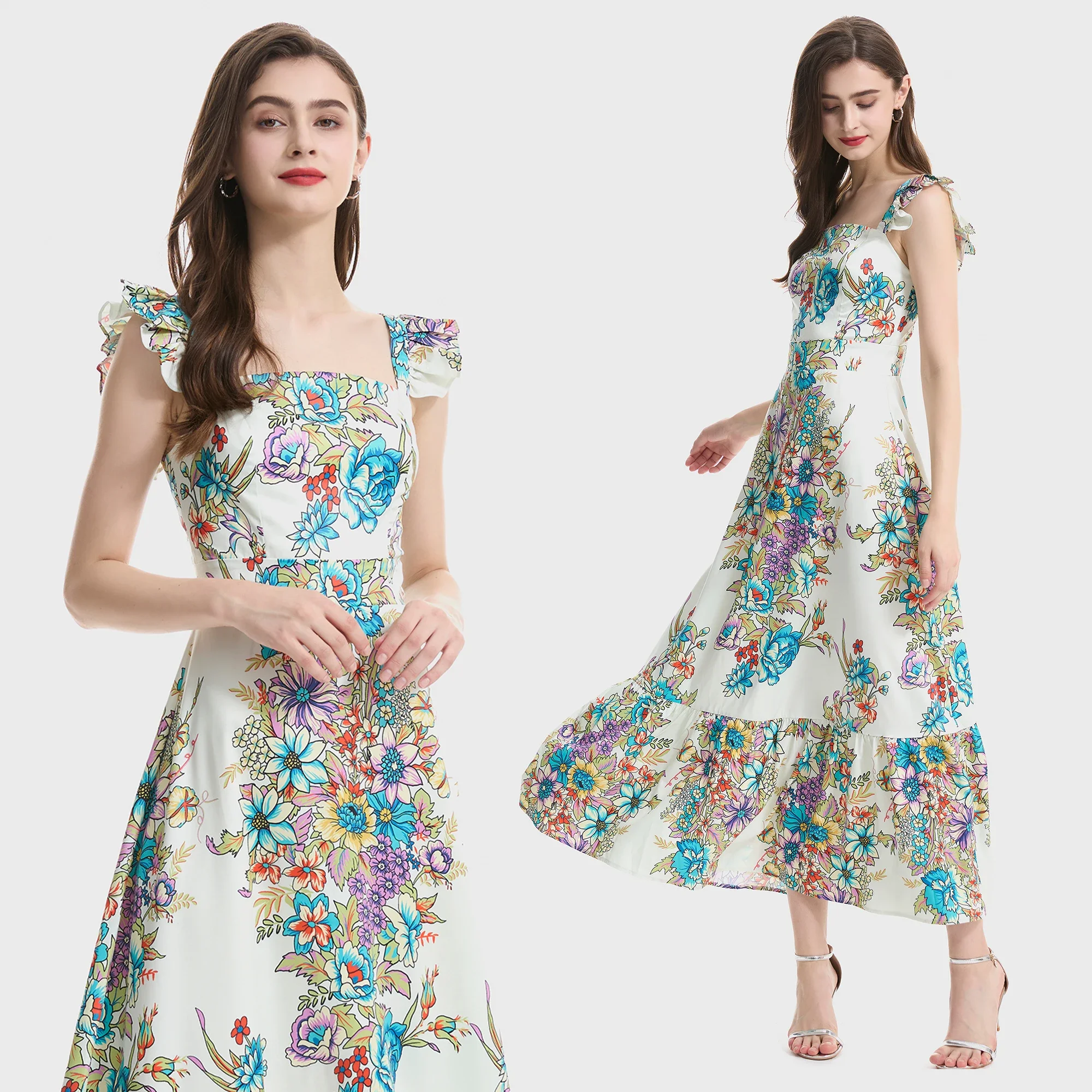 

European and American summer printed high waisted ruffle edge suspender A-line dress with large swing