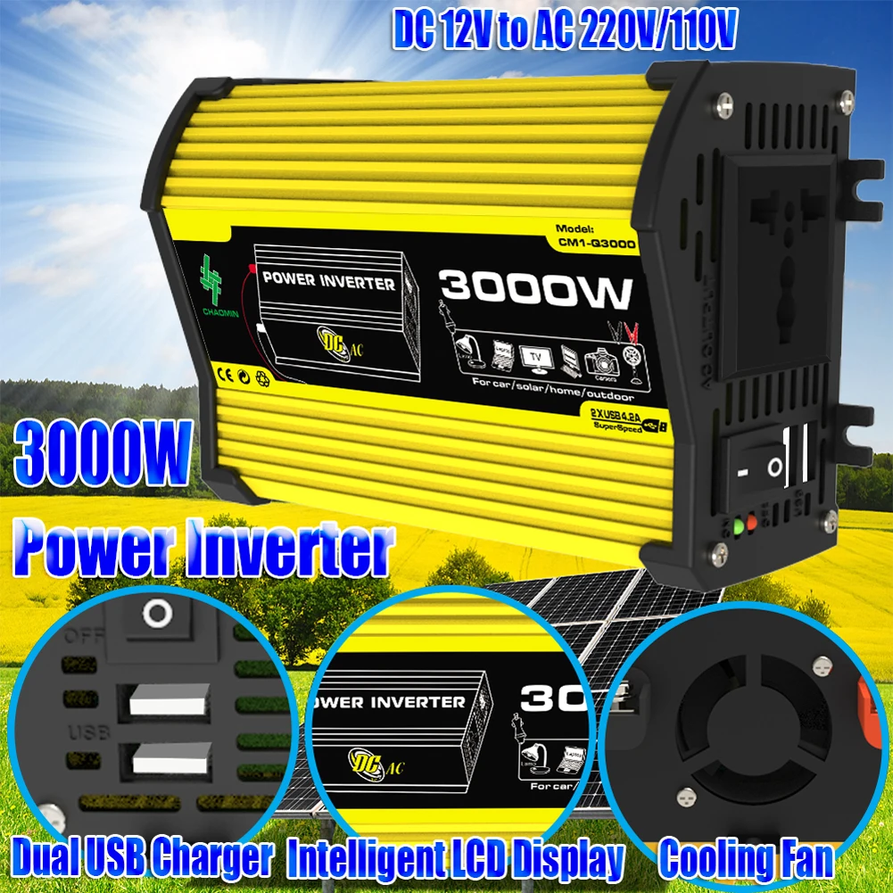 3000W Car Inverter Dual USB Intelligent Power Inverter DC 12V To AC 110/220V Car Voltage Transformer Charger Converter for RV