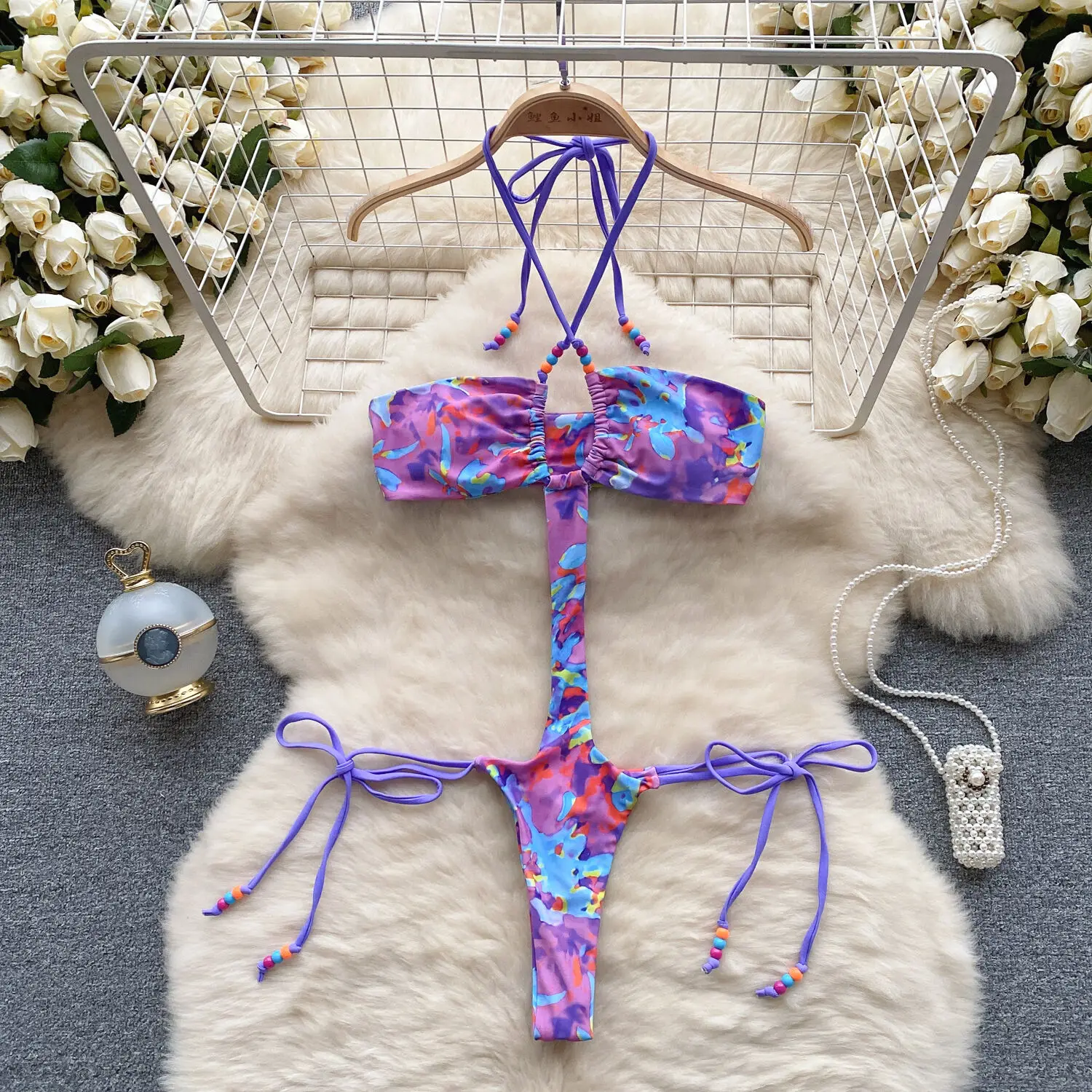 Fashion New Sexy Lust Girl's Tie Dyed Bodysuit Top Women's Strap Hollow Out Open Back Unique Erotic Top And Thong Panties