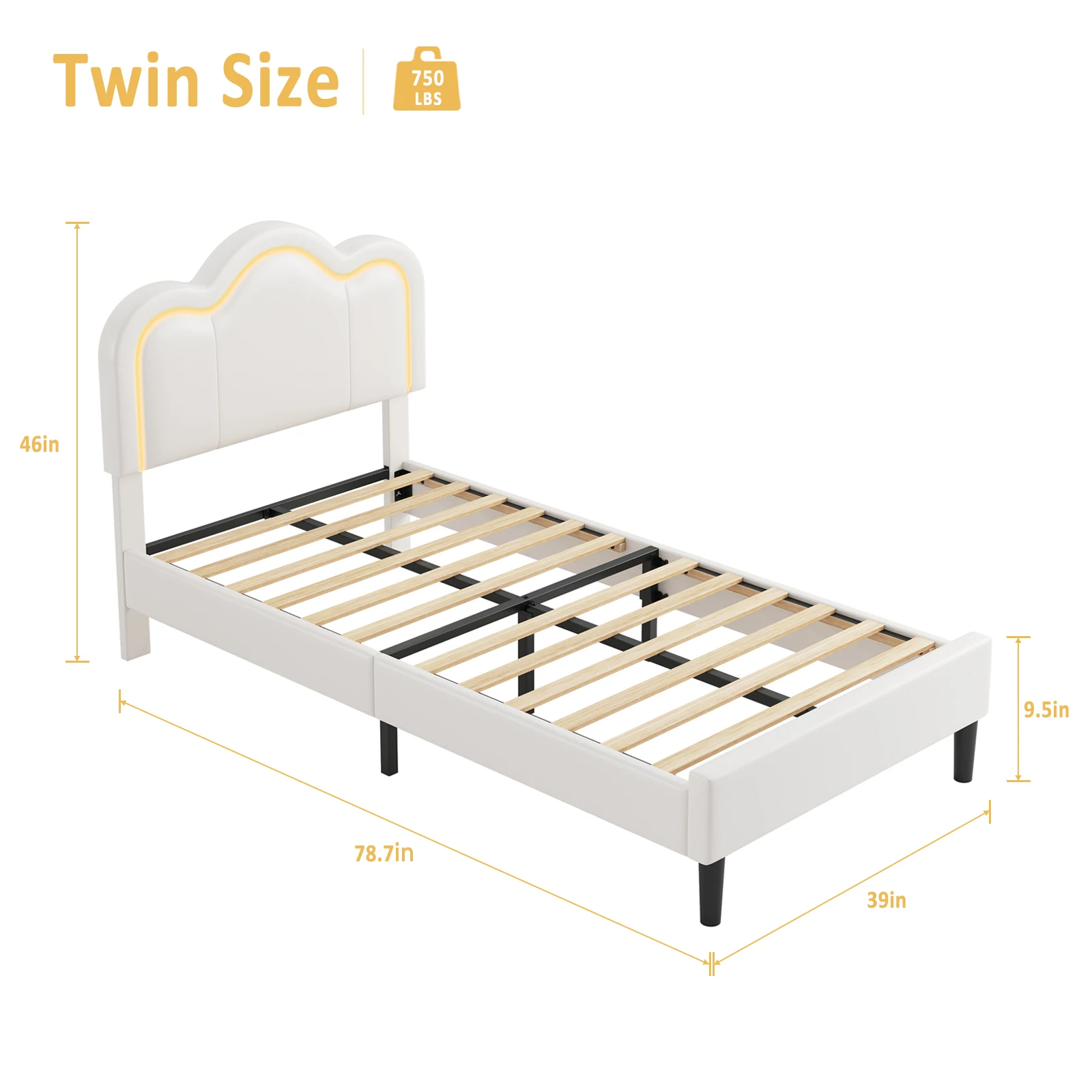 Twin Upholstered Bed Frame with LED and Adjustable Bear Headboard, PU Leather Princess Platform Bed, Wooden Slats Support Kids Bed, No Box Spring Needed