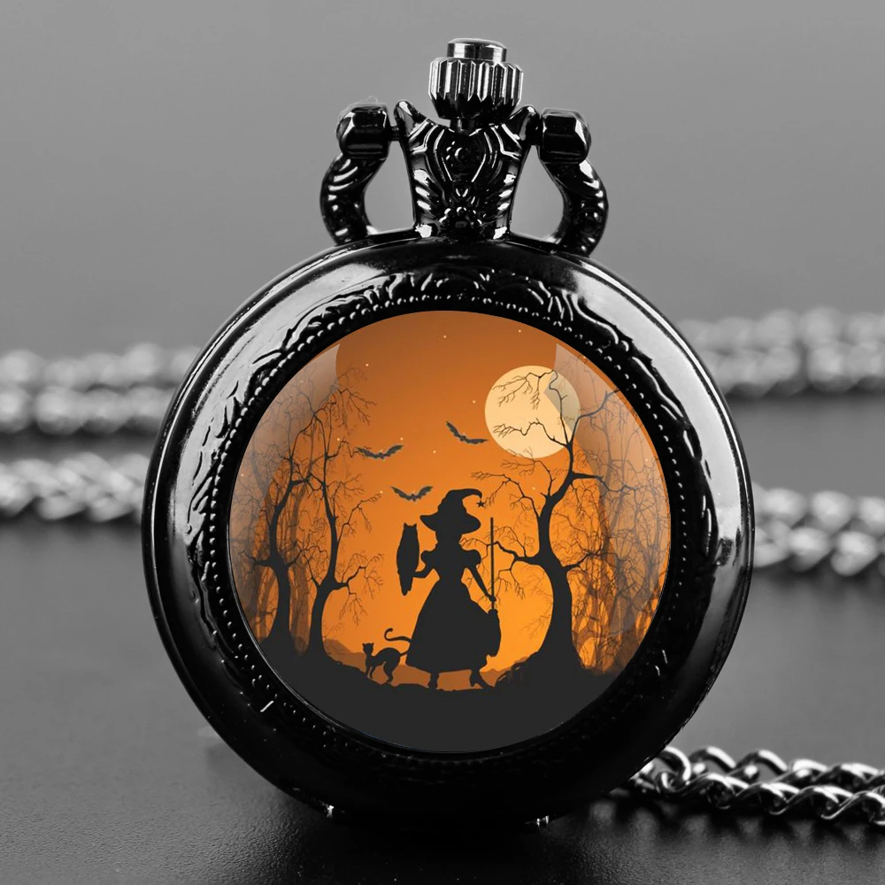 Orologio da tasca al quarzo nero con cupola in vetro strega di Halloween con quadrante con numeri arabi e catena resistente, regalo per uomini e donne