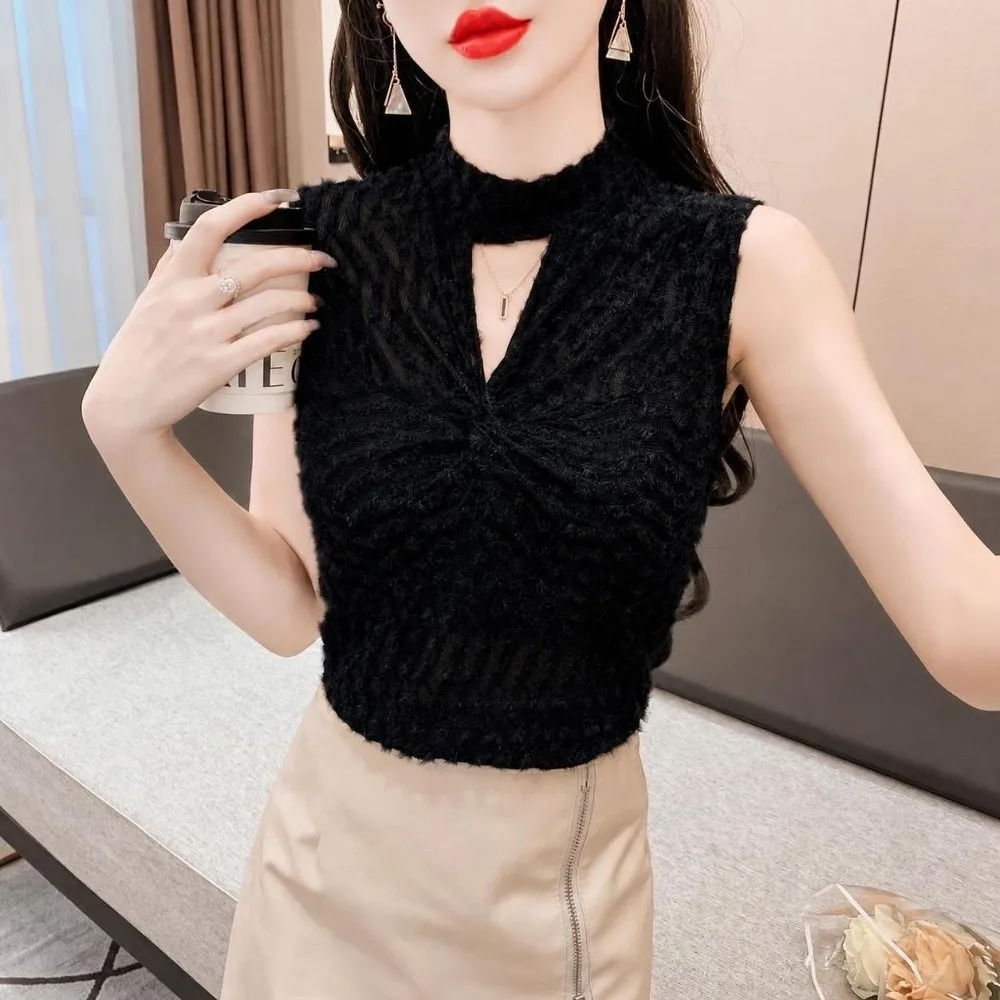 Modern High Neck Lace Tank Top Slim Fit Sleeveless Mesh Camisole Lace Trim Frill Trim Twist Front Vest Inner Wear