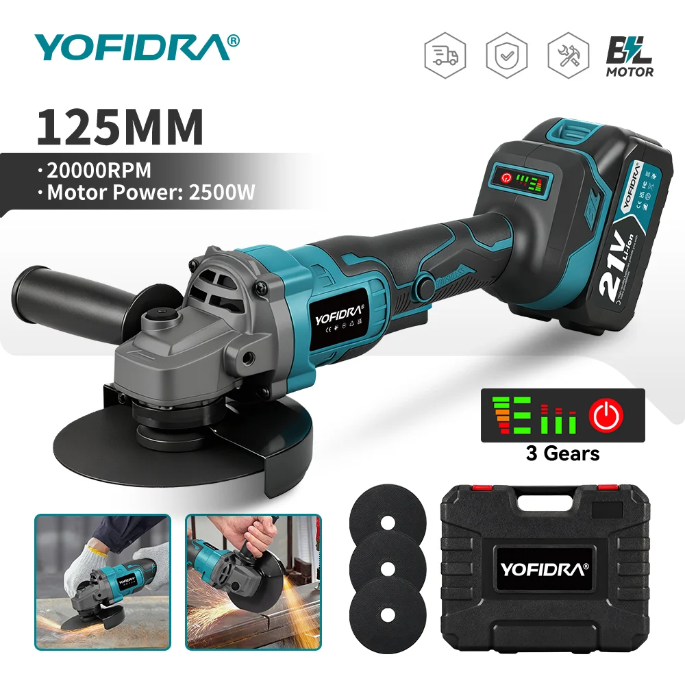 Amoladora angular eléctrica sin escobillas YOFIDRA de 125 mm, 3 velocidades, M14, herramienta para pulir, cortar y desbastar madera, compatible con batería Makita de 21 V.
