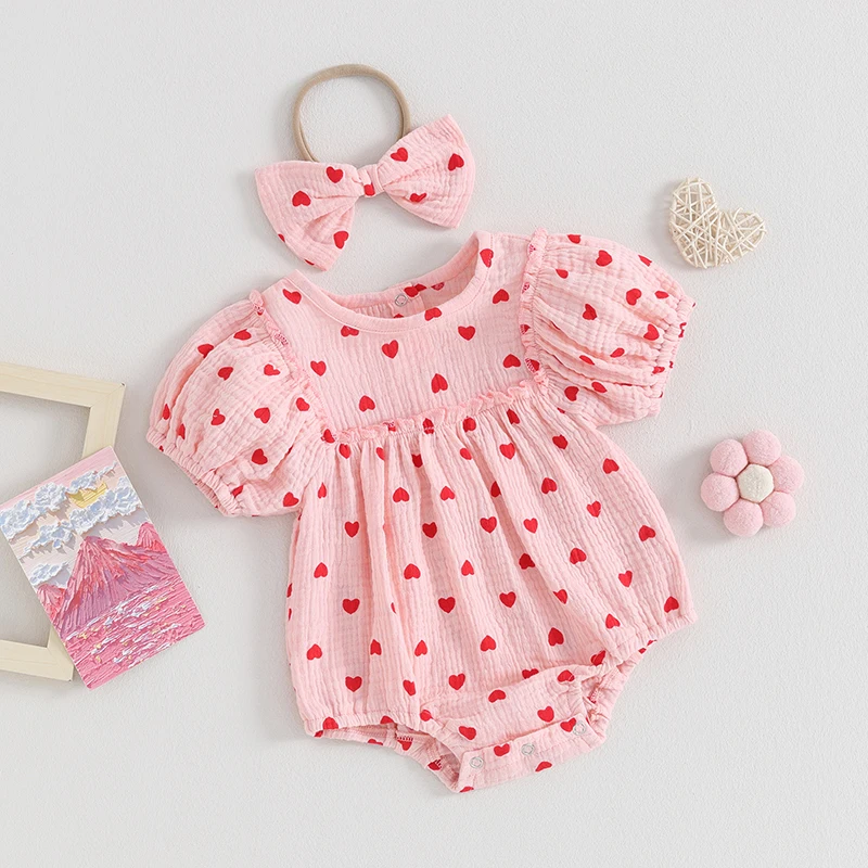 Infant Baby Girl Valentine s Day Romper Jumpsuit Headband Toddler Short Puff Sleeve Heart Print Romper Summer Outfit