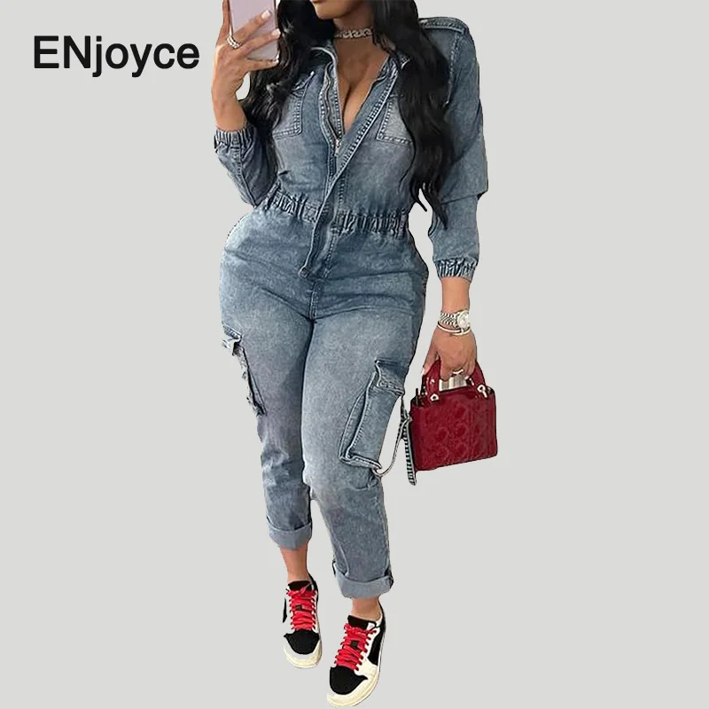 Women Vintage Denim Overalls Ladies Cargo Bodysuit V Neck Long Sleeve Tunic Jumpsuits Slim Fit Long Jean Romper with Pockets