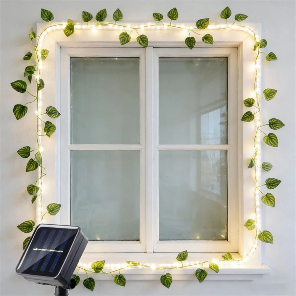 5M 50LEDs Artificial Green Leaf String Lights Solar Fairy Light Wedding Party Christmas Home Room Wall Decoration Plant Wreath