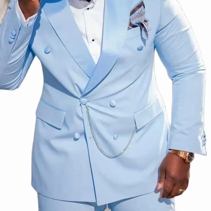 New Slim fit 2 piece Men Suit with Double Breasted Light Sky Blue Groom Tuxedo for Wedding Prom African Man Fashion Blazer Sets