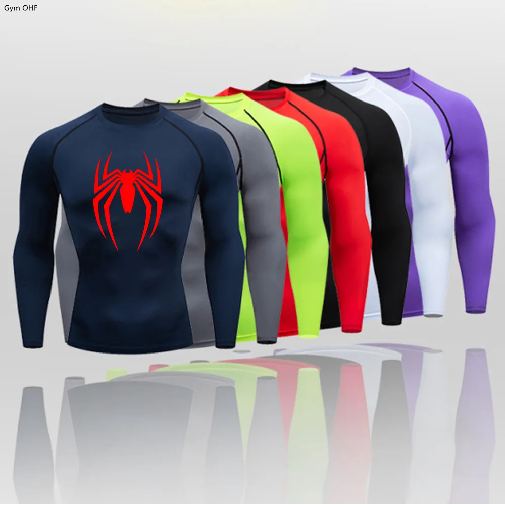 Spider Men Sports Rashgard Long Sleeves T Shirt Print Compression Men Running Shirt MMA Workout Bodybuilding Quick-Dry T-Shirts