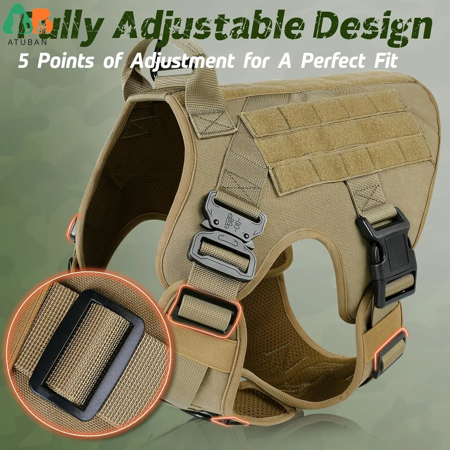 ATUBAN Dog Vest Training Hunting Molle Nylon Water-Resistant Military Patrol Adjustable Comfortable K9 Tactical Dog Harness