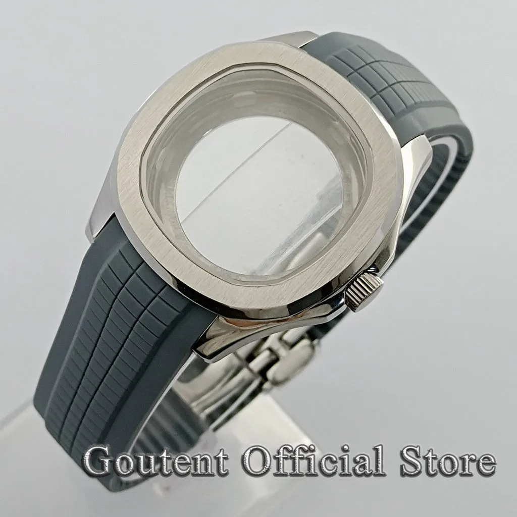 Goutent 40mm Silver Watch Case With Brown/Black/Blue/Green Rubber Strap Sapphire Crystal Case Fit NH35 NH36 Movement