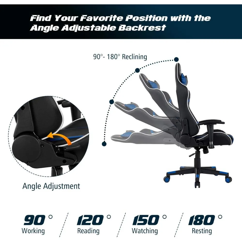 Gaming Chair, Massage Office Chair Computer Gaming Racing Chair, High Back PU Leather Adjustable Arms Headrest Ergonomic