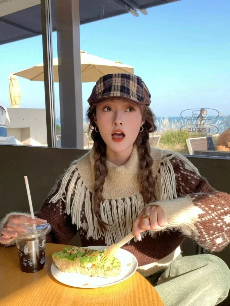 Contrastสีเสื้อถักVINTAGEหลวมGrungeคอPullovers Y2k Aesthetic Chicพู่จัมเปอร์ใหม่แฟชั่นสบายๆเสื้อกันหนาว