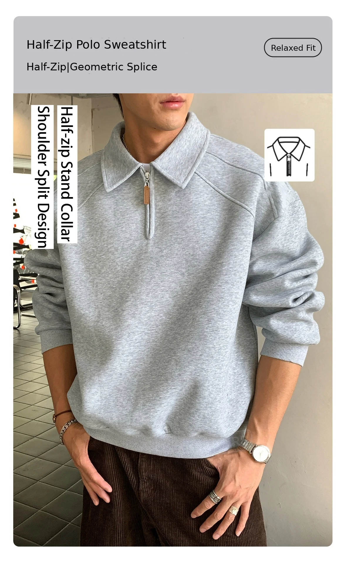 TFETTERS Eu Size 2026 Men Half Zip Collared Sweatshirt Autumn Heather Gray Pullover Loose Fit Casual Daily Long Sleeve Sweat Top