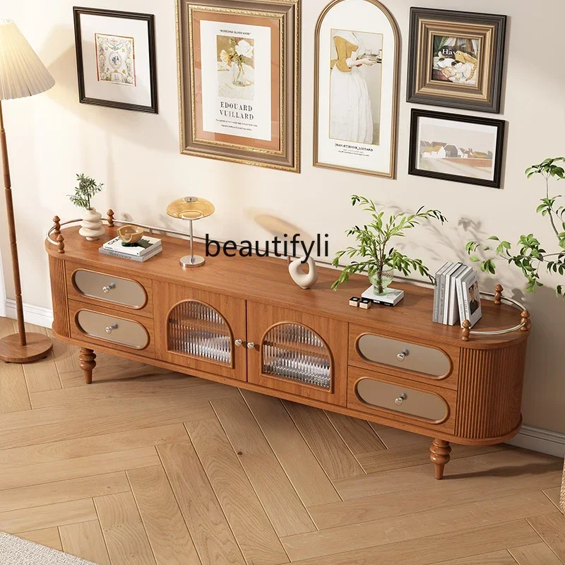

French solid wood TV cabinet cherry wood medieval Roman column Changhong glass Nordic light luxury floor cabinet07