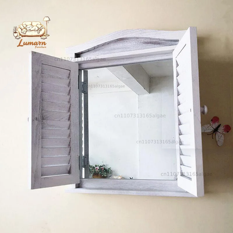 Vintage Retro Farmhouse Wall Decor Wood Window Mirror with Shutters