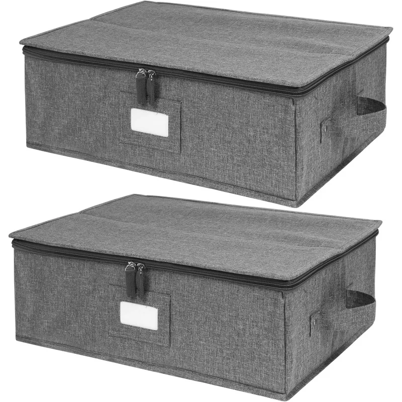 

2-Pack Hard Shell Platter Storage Case, 17"x13"x6" - Includes 5 Felt Dividers, Stackable & Structured Top, Linen Grey