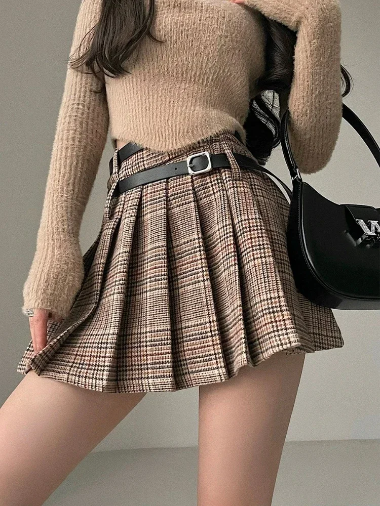 Preppy Style Plaid Skirt Women Brown High Street Pleated Mini Skirt  Vintage Autumn Winter Belt Korean Fashion Outfit