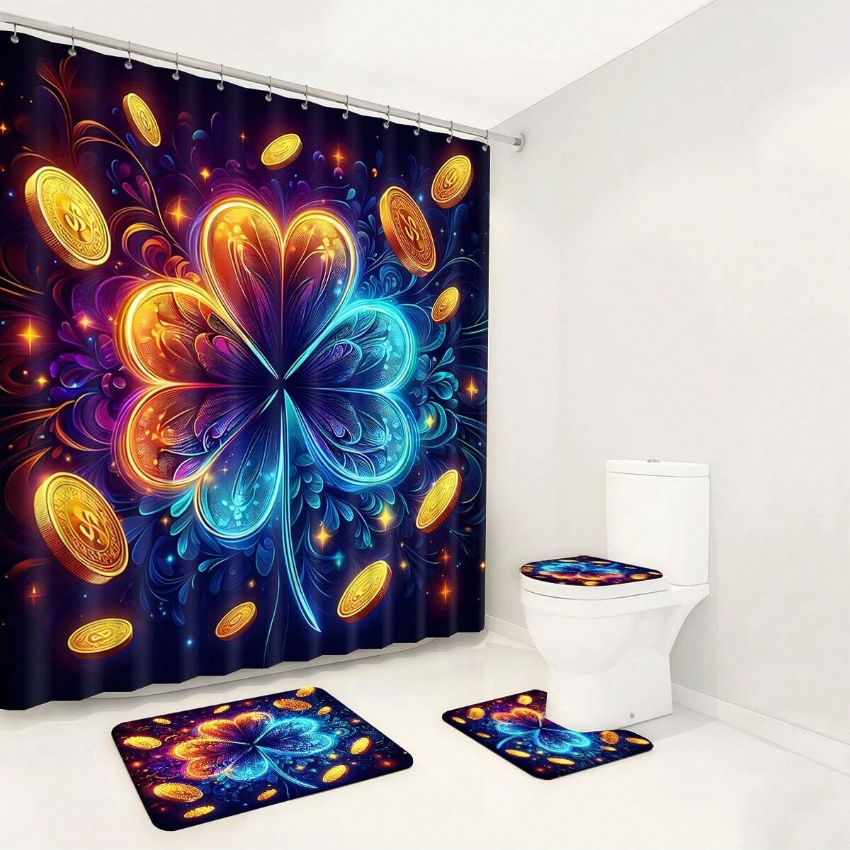 4pcs Clover, Leprechaun, Gold Coin Printed Waterproof Shower Curtain No Drilling Hooks,  Anti-Slip Bathroom Floor Mat