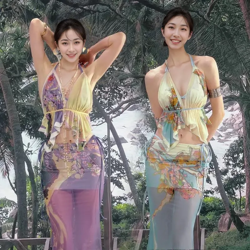 

Four-piece Set Island Vacation Swimsuit Women's Super Fairy Mesh Printing Hip-wrapped Long Dress Slimming Suspender Set
