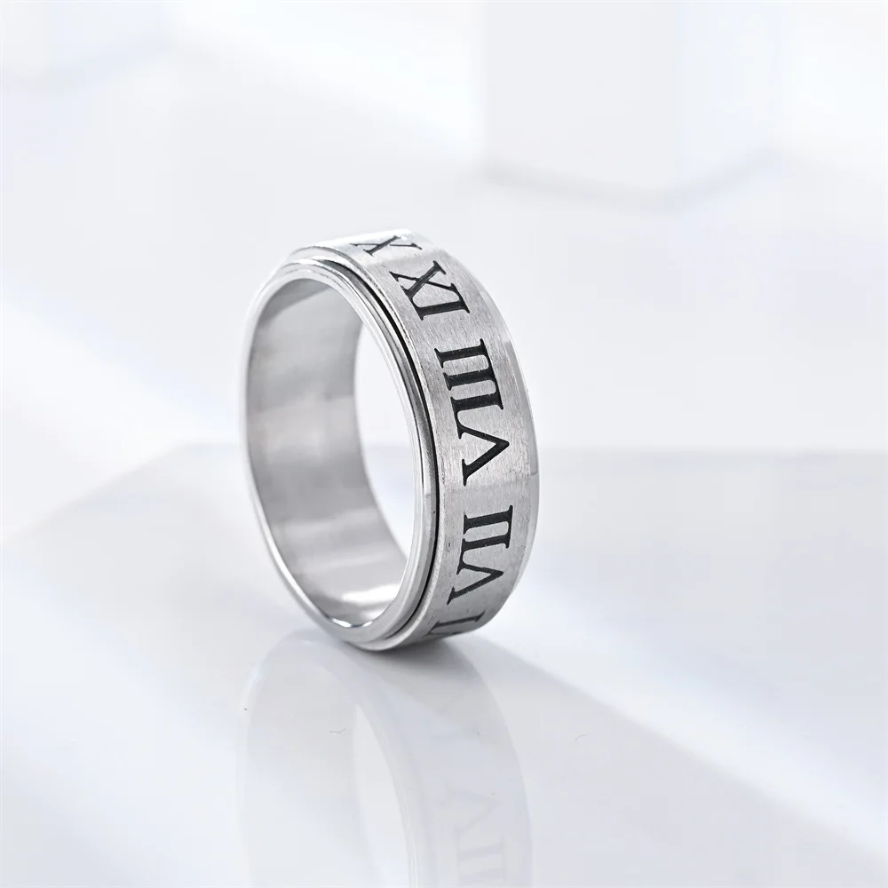 Autumn and Winter New Style 8mm Rotated Stainless Steel Ring For Men And Women Roman Numerals Rings 6-12