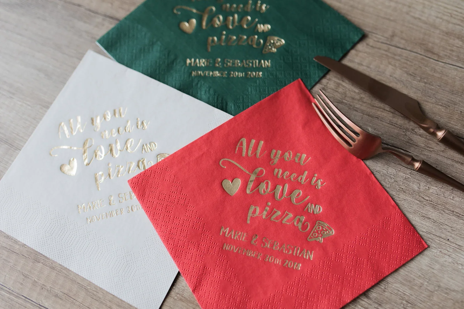 custom napkins, all you need is love and pizza, Personalized Napkins, Event Favors, Party Napkins, Rehearsal Dinner, Bridal Show