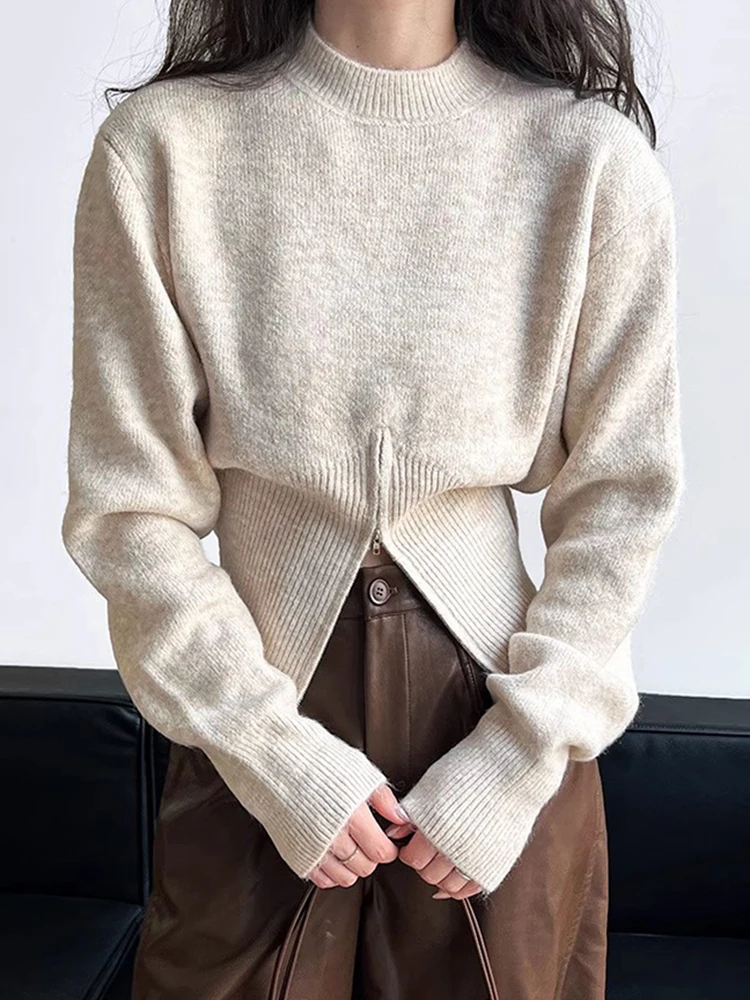 

Korean Autumn Winter Style Round Neck Zipper Design Pullover Loose Versatile Long Sleeve Knitted Solid Color Sweater For Women