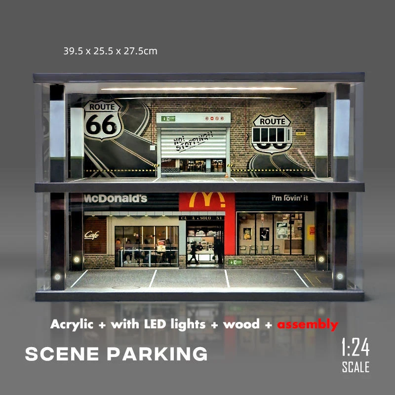 Diorama 1 24 Diecast Car Garage Wood Display Case With Light 2 Layer Storage Parking Lots Scene Model Acrylic Collection Tidy Up