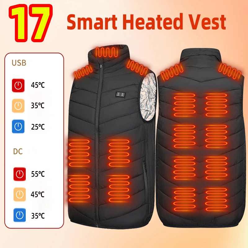17-Zone Smart Heated Vest with Dual-Zone Independent Controls and Three Temperature Settings—Outdoor Casual Warm Jacket