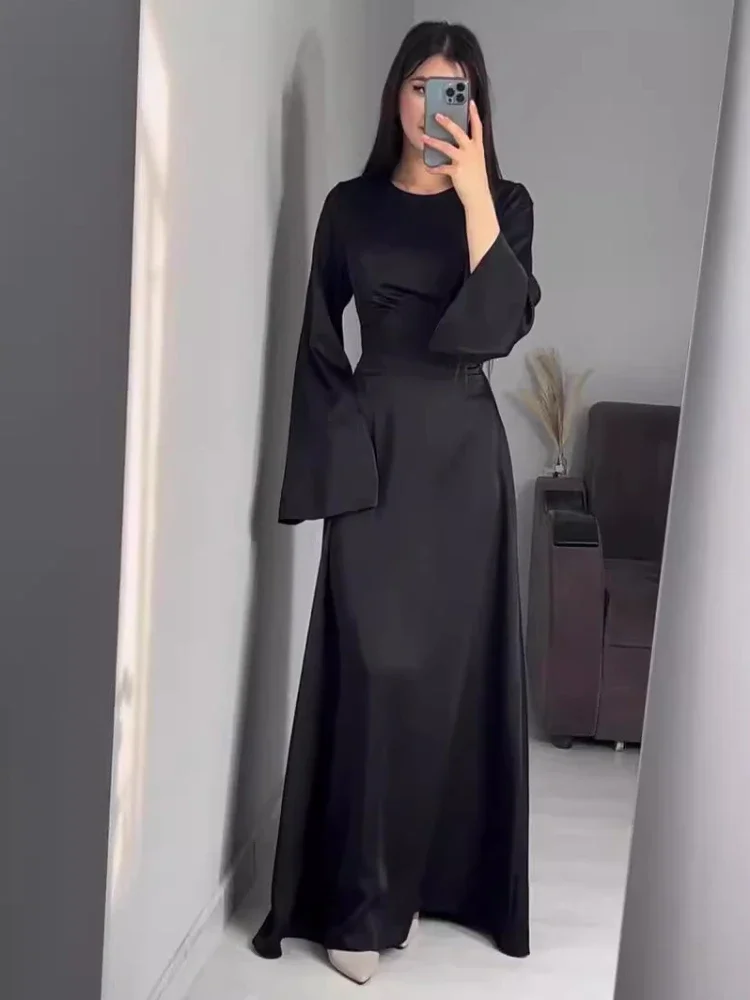 Spring Eid women Dress woman Abaya Slim Fit Bandage Satin Solid Morocco Party Dresses Ramadan Islam Dubai Arab Long Robe 2024