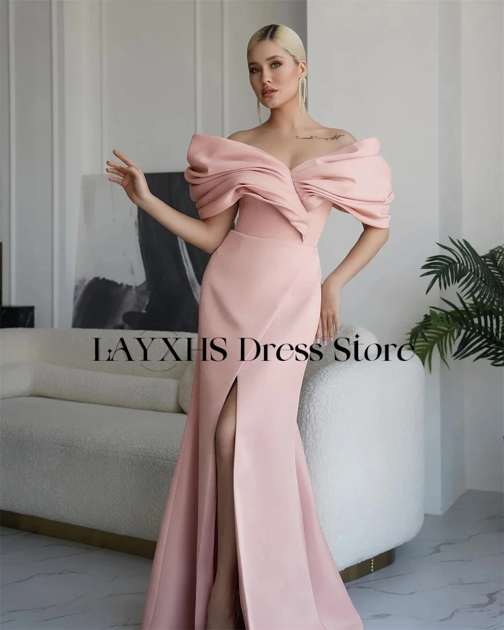 LAYXHS Elegante Fora do Ombro Vestidos de Noite Mulheres Sereia Plissado Fenda Lateral Vestidos de Baile Personalizados فساتmavera