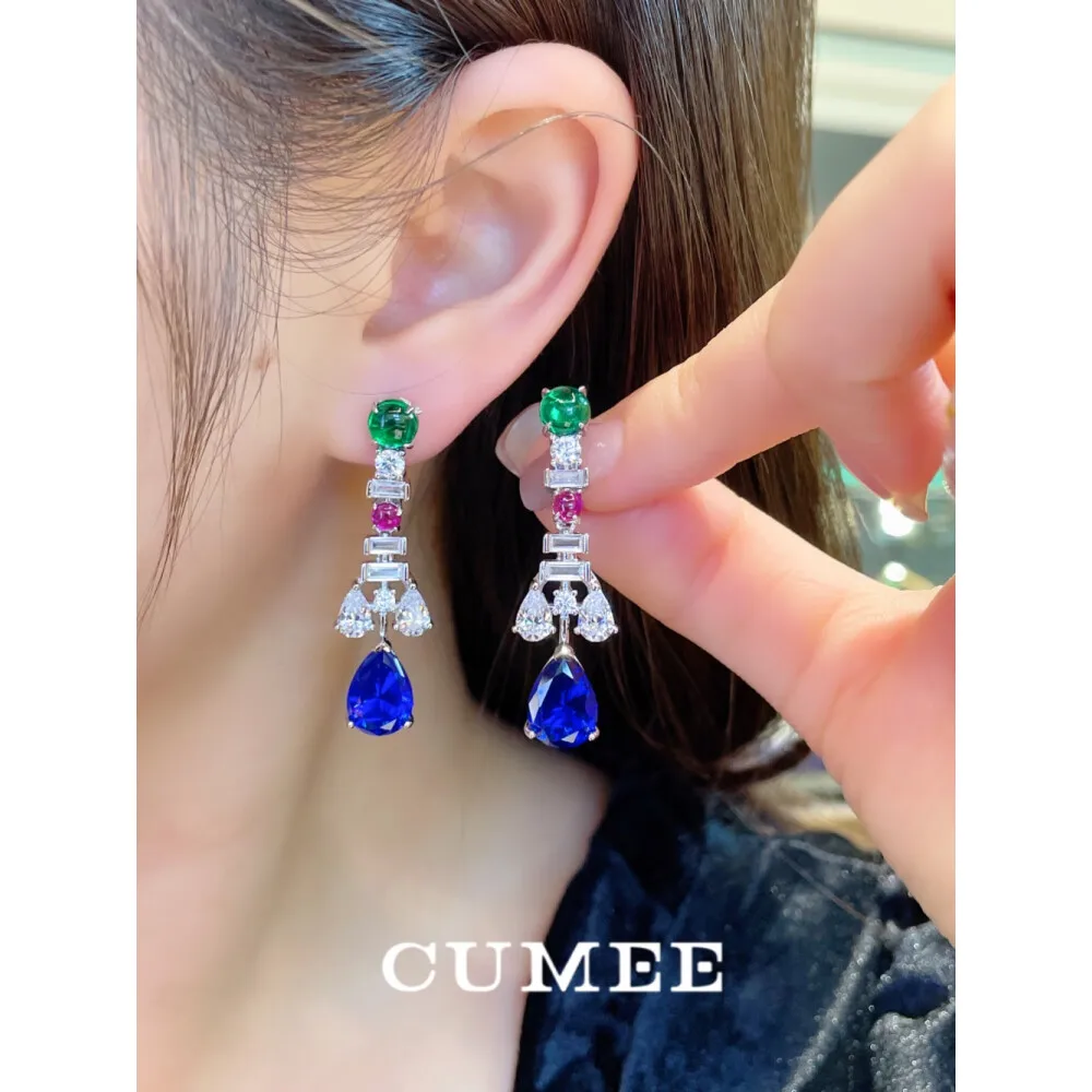 CUMEE. Royal Blue Fashion Droplet Design Cultivated Synthetic Blue Gemstone Sapphire Drop Earrings. 925 Silver Plated Gold